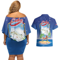 Cuba Couples Matching Off Shoulder Short Dress and Hawaiian Shirt Funny Macaw Decorative Map