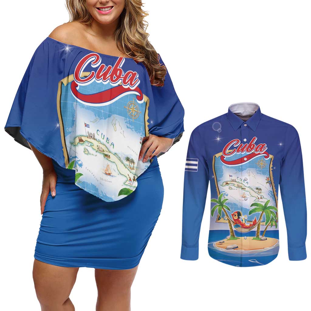 Cuba Couples Matching Off Shoulder Short Dress and Long Sleeve Button Shirt Funny Macaw Decorative Map