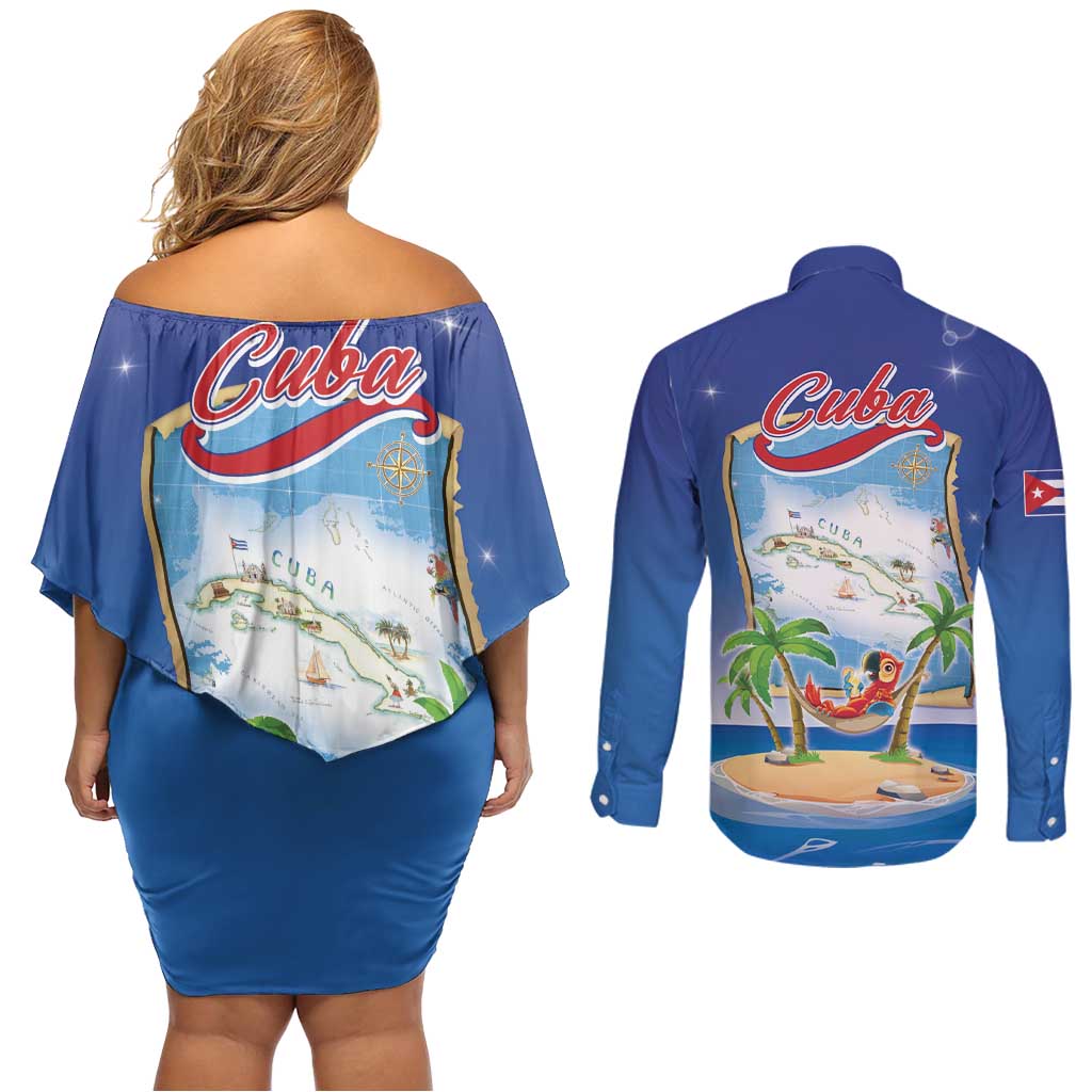 Cuba Couples Matching Off Shoulder Short Dress and Long Sleeve Button Shirt Funny Macaw Decorative Map
