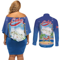 Cuba Couples Matching Off Shoulder Short Dress and Long Sleeve Button Shirt Funny Macaw Decorative Map