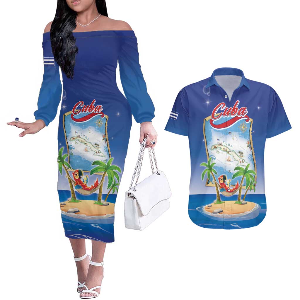 Cuba Couples Matching Off The Shoulder Long Sleeve Dress and Hawaiian Shirt Funny Macaw Decorative Map