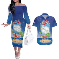 Cuba Couples Matching Off The Shoulder Long Sleeve Dress and Hawaiian Shirt Funny Macaw Decorative Map
