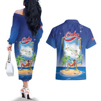 Cuba Couples Matching Off The Shoulder Long Sleeve Dress and Hawaiian Shirt Funny Macaw Decorative Map