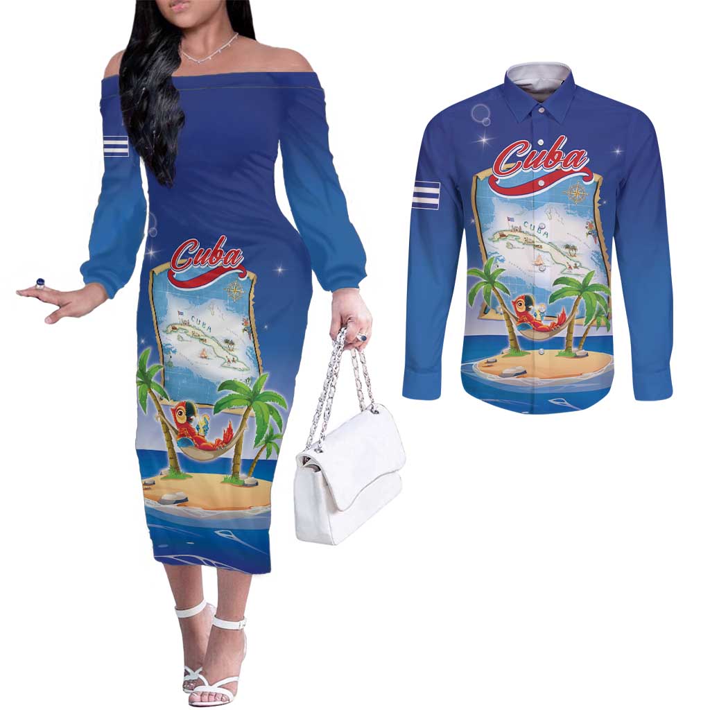 Cuba Couples Matching Off The Shoulder Long Sleeve Dress and Long Sleeve Button Shirt Funny Macaw Decorative Map