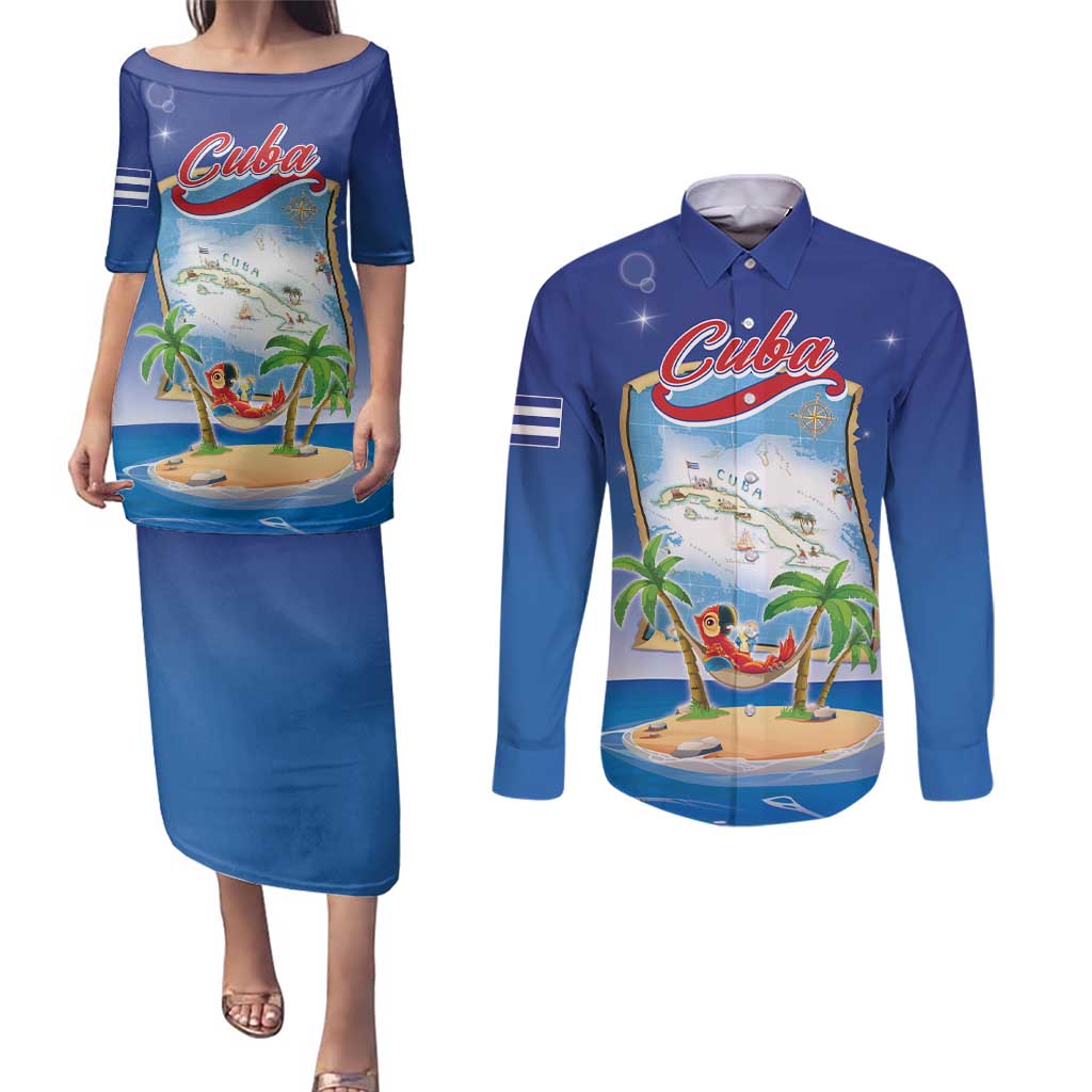 Cuba Couples Matching Puletasi and Long Sleeve Button Shirt Funny Macaw Decorative Map