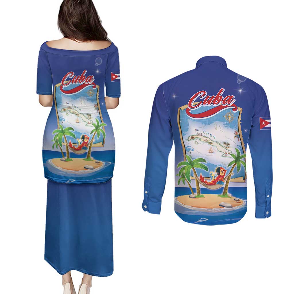 Cuba Couples Matching Puletasi and Long Sleeve Button Shirt Funny Macaw Decorative Map