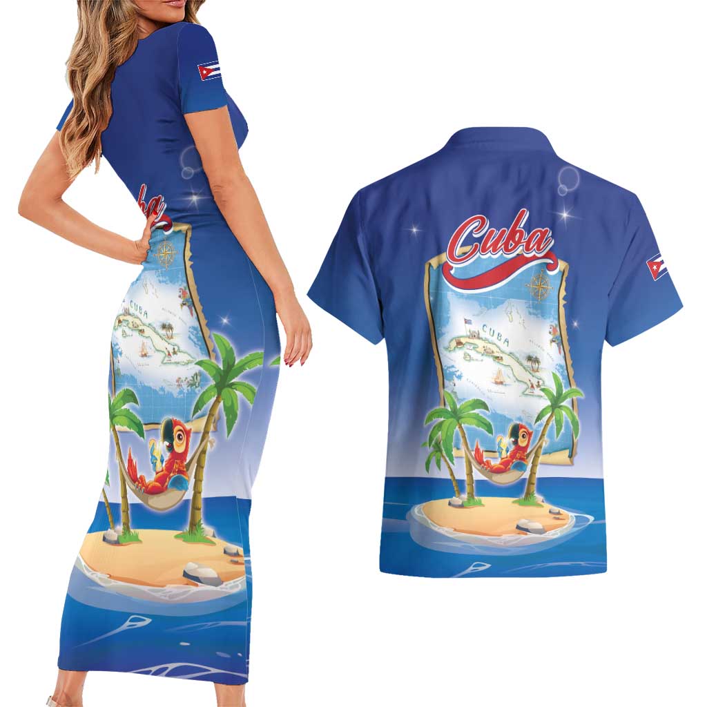 Cuba Couples Matching Short Sleeve Bodycon Dress and Hawaiian Shirt Funny Macaw Decorative Map