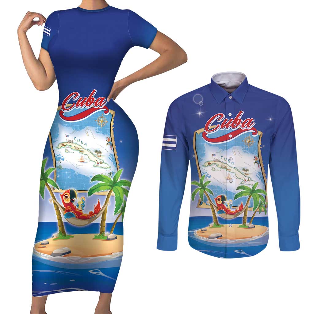 Cuba Couples Matching Short Sleeve Bodycon Dress and Long Sleeve Button Shirt Funny Macaw Decorative Map