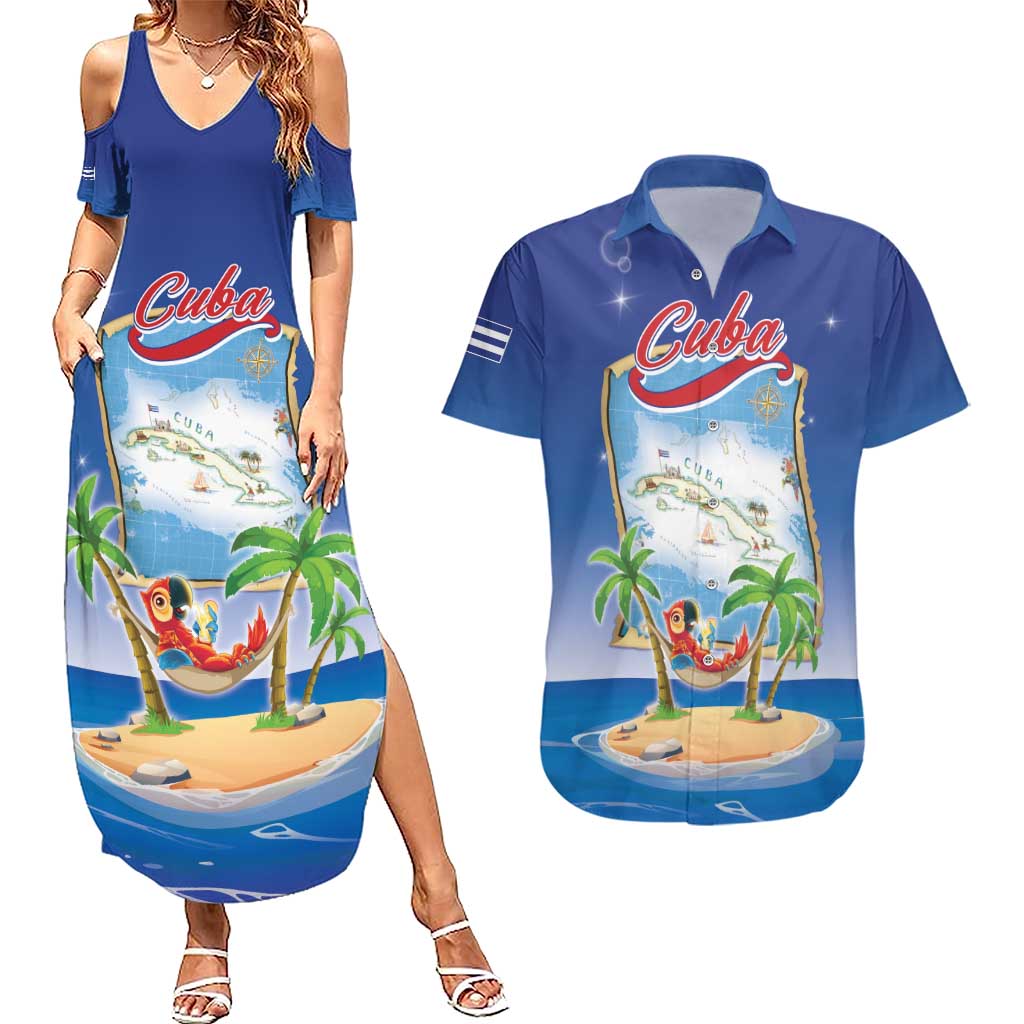 Cuba Couples Matching Summer Maxi Dress and Hawaiian Shirt Funny Macaw Decorative Map