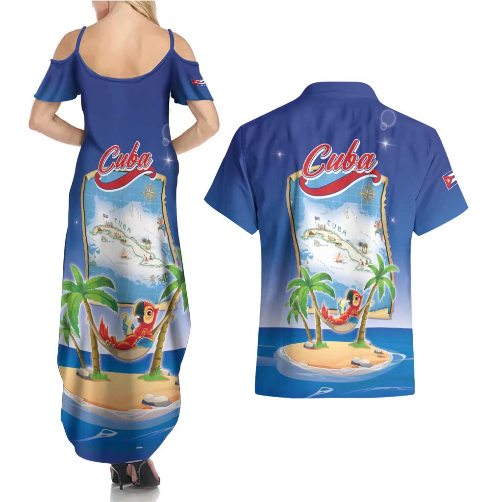 Cuba Couples Matching Summer Maxi Dress and Hawaiian Shirt Funny Macaw Decorative Map