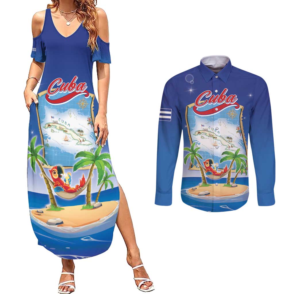 Cuba Couples Matching Summer Maxi Dress and Long Sleeve Button Shirt Funny Macaw Decorative Map