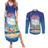 Cuba Couples Matching Summer Maxi Dress and Long Sleeve Button Shirt Funny Macaw Decorative Map