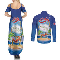 Cuba Couples Matching Summer Maxi Dress and Long Sleeve Button Shirt Funny Macaw Decorative Map