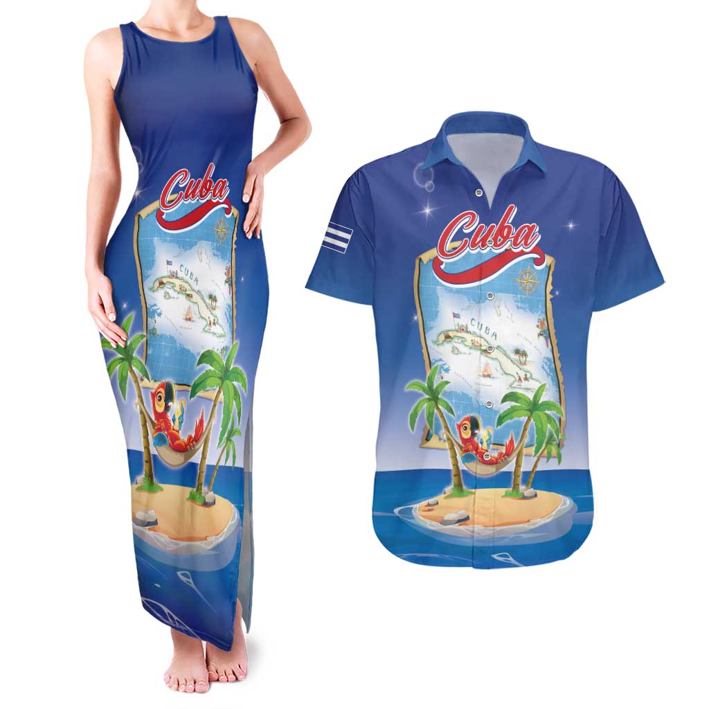 Cuba Couples Matching Tank Maxi Dress and Hawaiian Shirt Funny Macaw Decorative Map