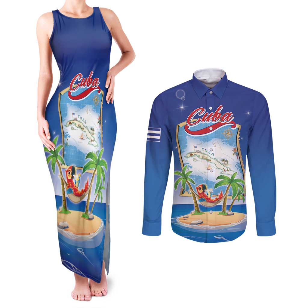 Cuba Couples Matching Tank Maxi Dress and Long Sleeve Button Shirt Funny Macaw Decorative Map