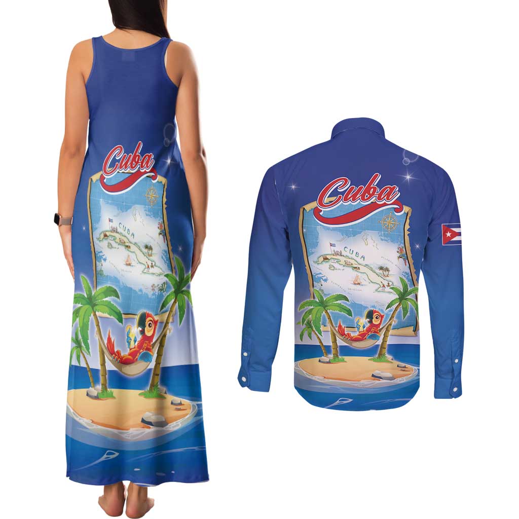 Cuba Couples Matching Tank Maxi Dress and Long Sleeve Button Shirt Funny Macaw Decorative Map
