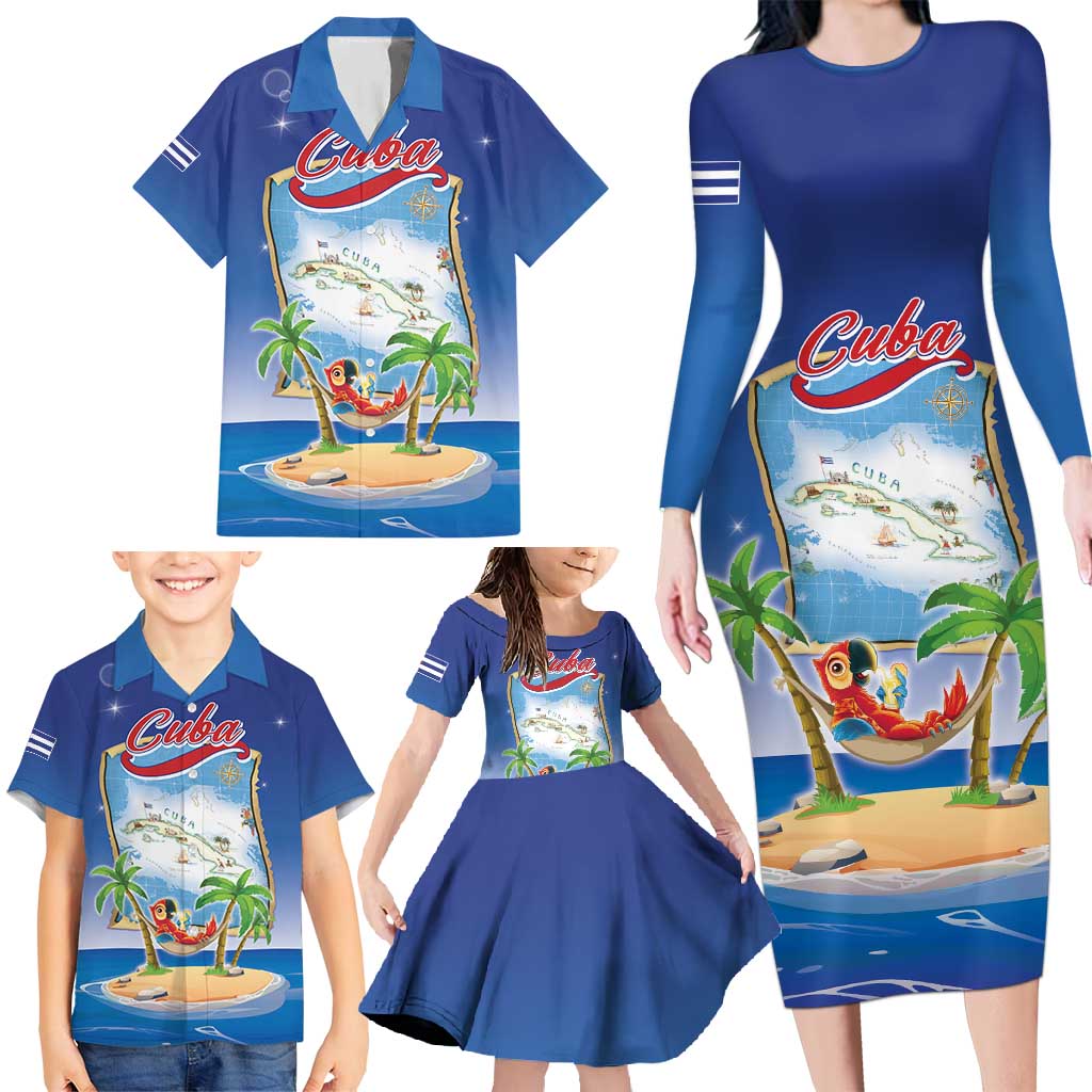 Cuba Family Matching Long Sleeve Bodycon Dress and Hawaiian Shirt Funny Macaw Decorative Map