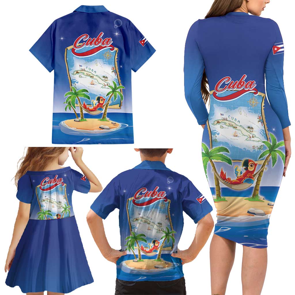 Cuba Family Matching Long Sleeve Bodycon Dress and Hawaiian Shirt Funny Macaw Decorative Map