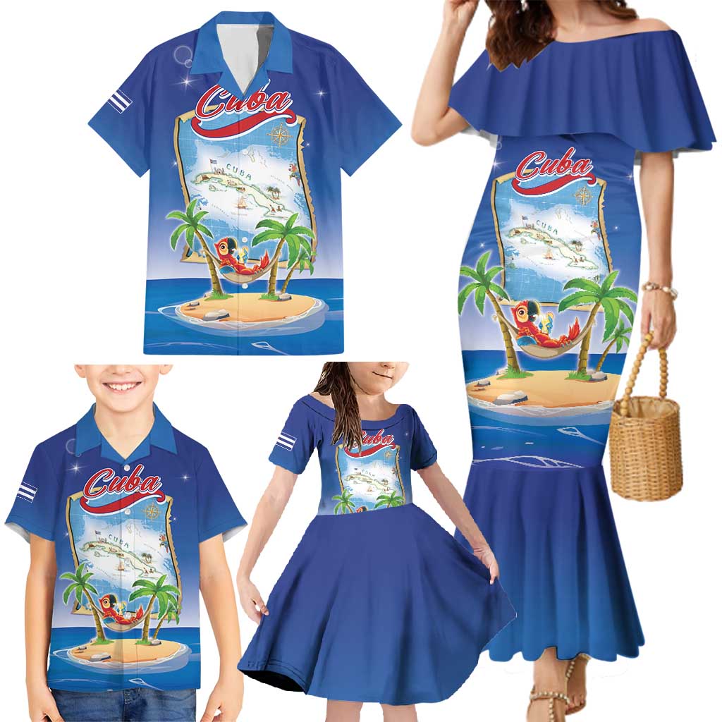 Cuba Family Matching Mermaid Dress and Hawaiian Shirt Funny Macaw Decorative Map