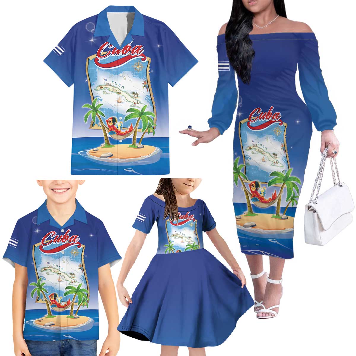 Cuba Family Matching Off The Shoulder Long Sleeve Dress and Hawaiian Shirt Funny Macaw Decorative Map