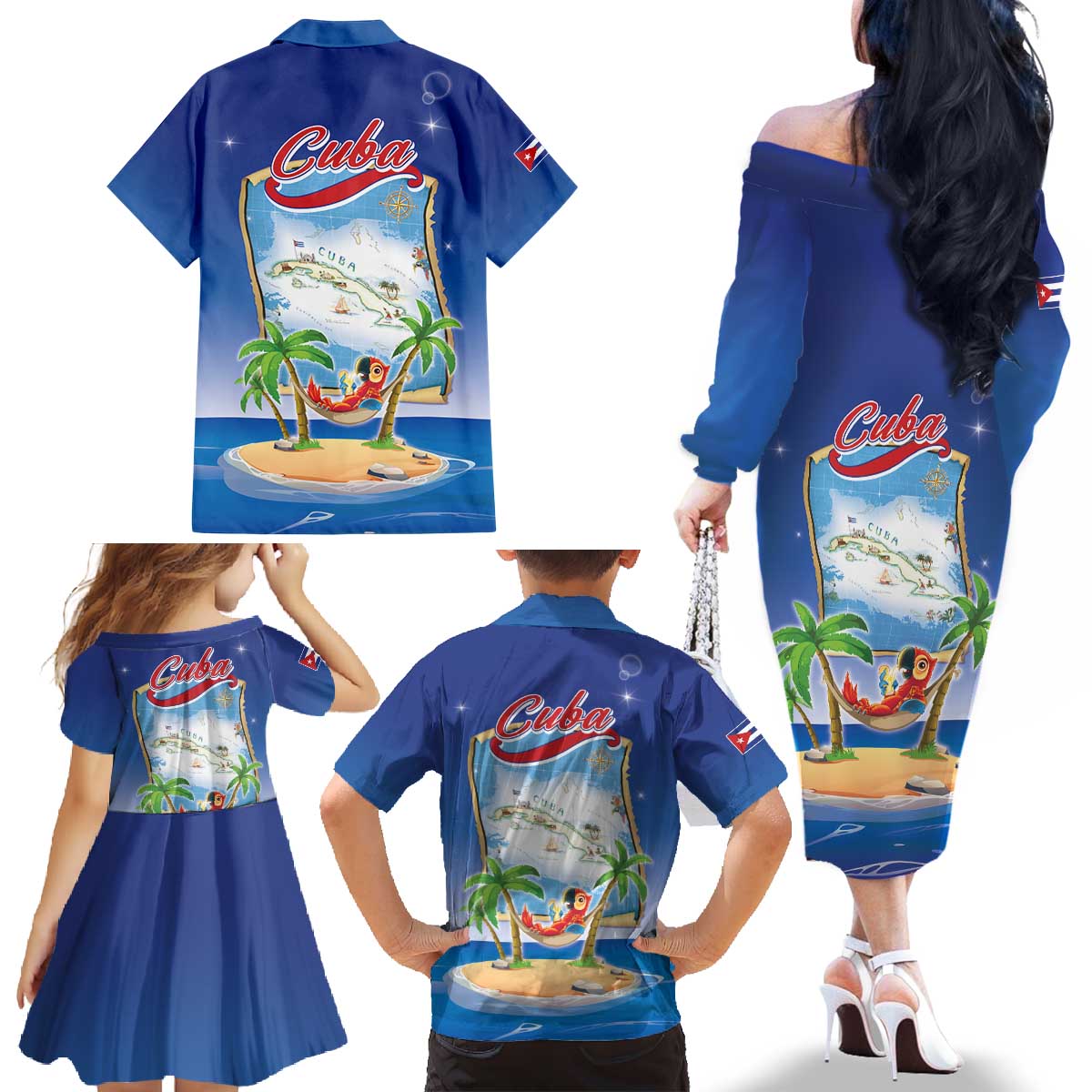 Cuba Family Matching Off The Shoulder Long Sleeve Dress and Hawaiian Shirt Funny Macaw Decorative Map