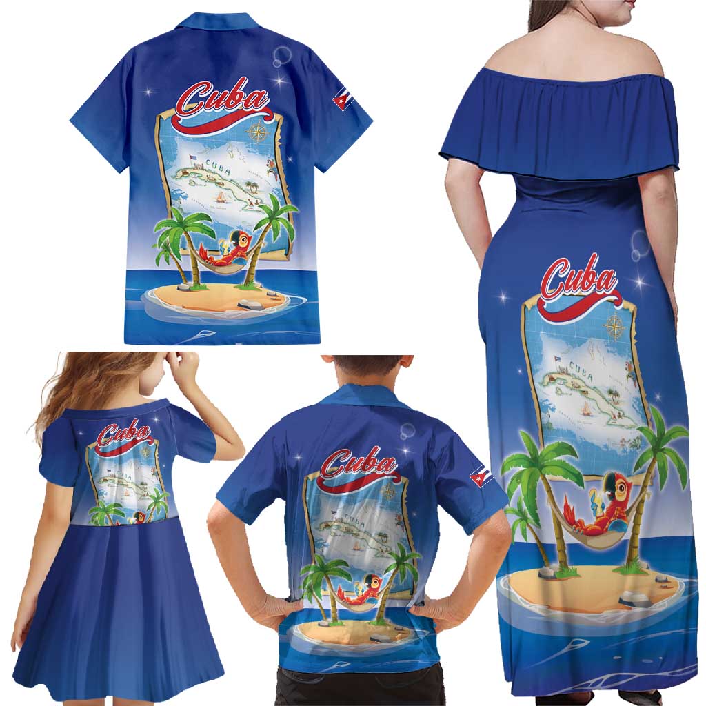 Cuba Family Matching Off Shoulder Maxi Dress and Hawaiian Shirt Funny Macaw Decorative Map