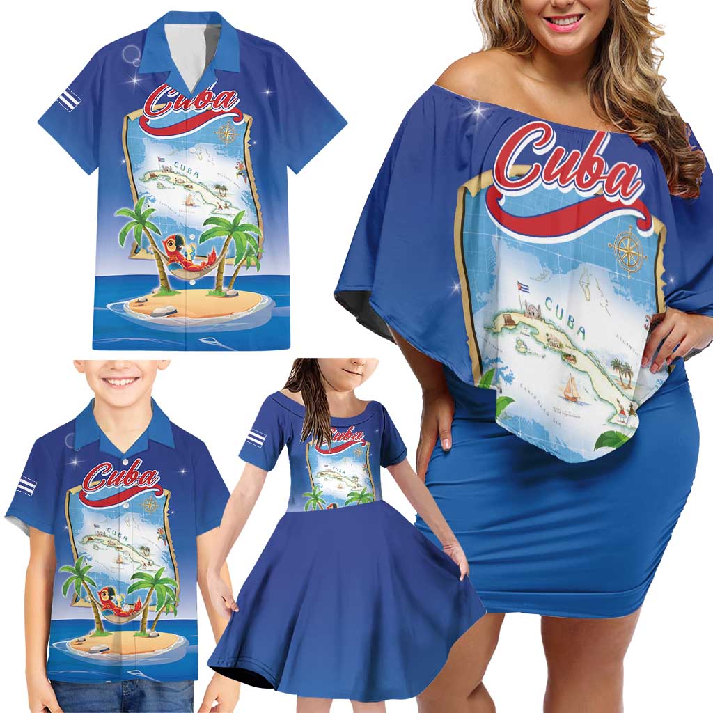 Cuba Family Matching Off Shoulder Short Dress and Hawaiian Shirt Funny Macaw Decorative Map