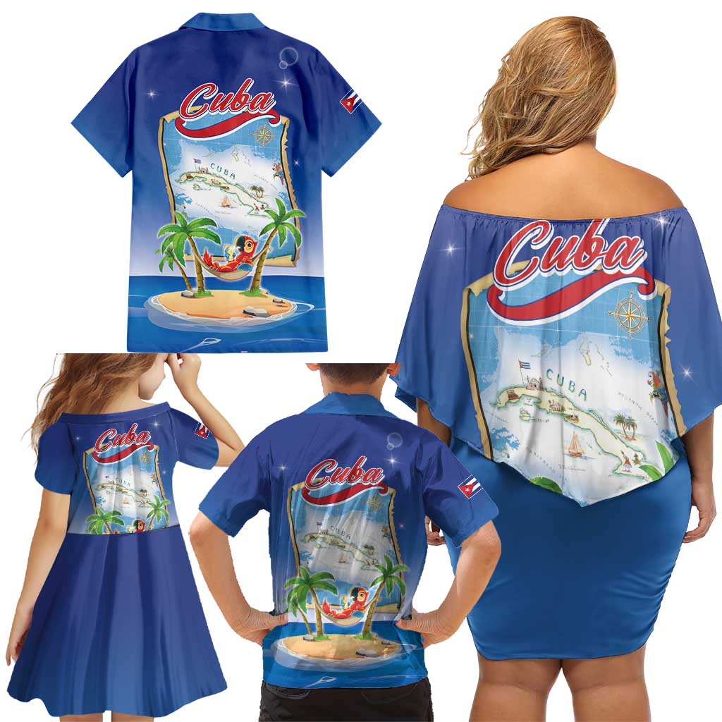 Cuba Family Matching Off Shoulder Short Dress and Hawaiian Shirt Funny Macaw Decorative Map