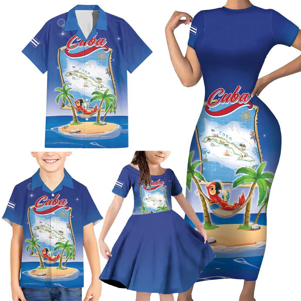 Cuba Family Matching Short Sleeve Bodycon Dress and Hawaiian Shirt Funny Macaw Decorative Map