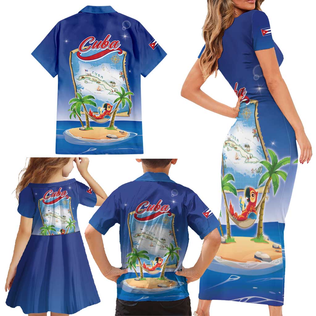 Cuba Family Matching Short Sleeve Bodycon Dress and Hawaiian Shirt Funny Macaw Decorative Map