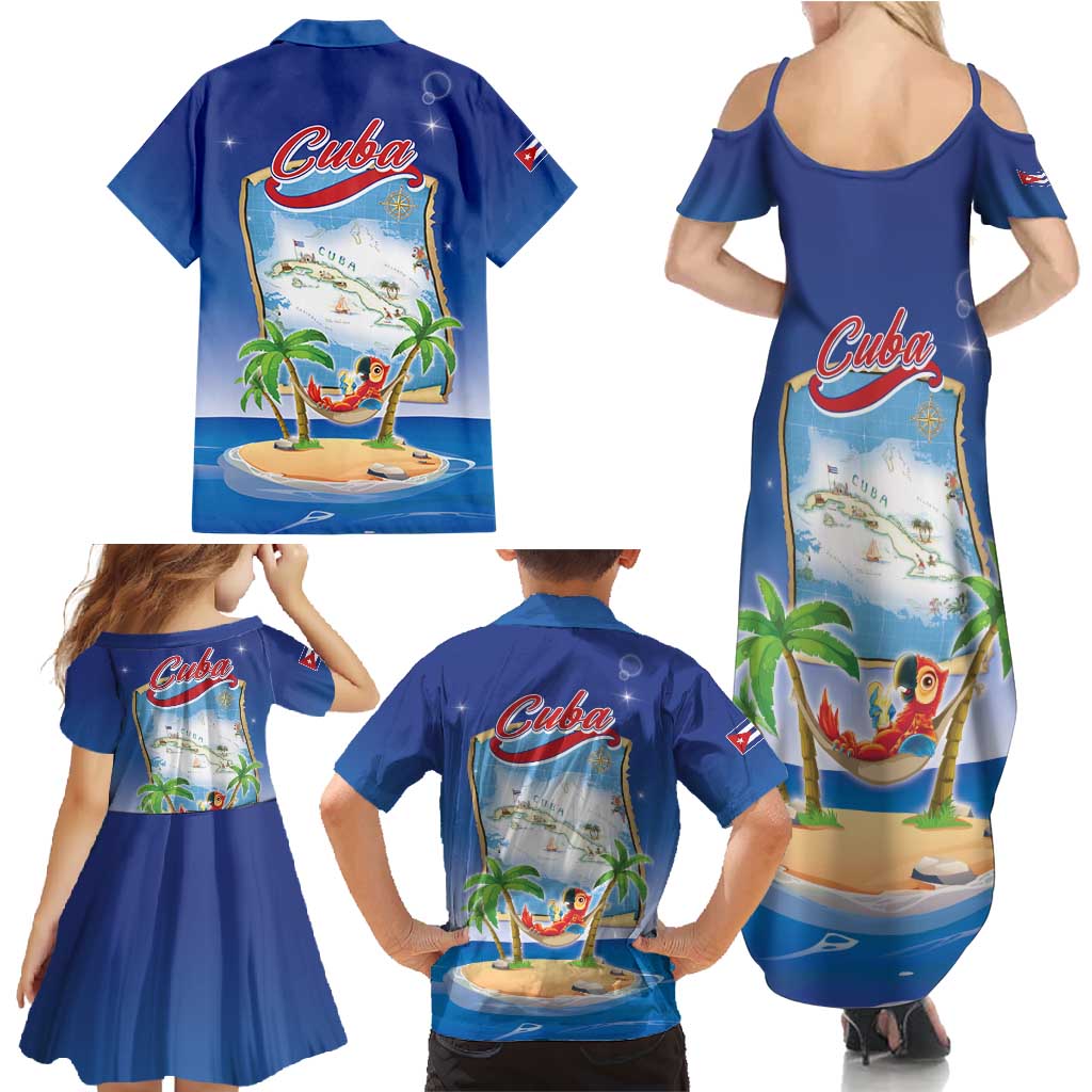 Cuba Family Matching Summer Maxi Dress and Hawaiian Shirt Funny Macaw Decorative Map