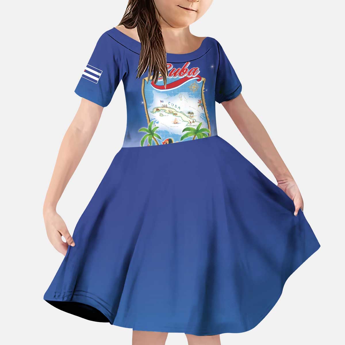 Cuba Kid Short Sleeve Dress Funny Macaw Decorative Map