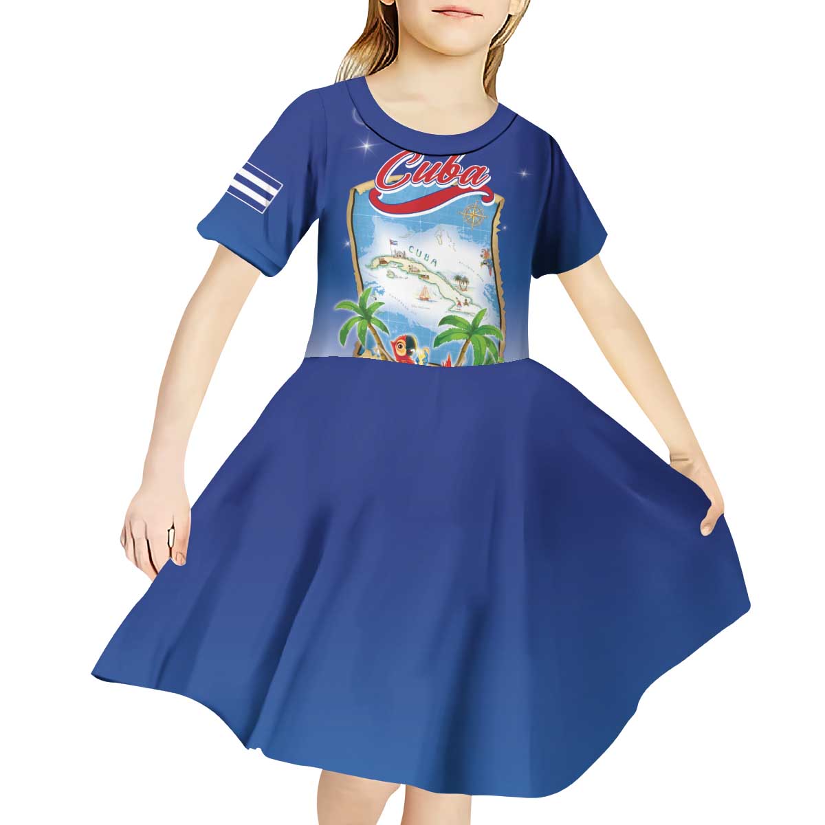 Cuba Kid Short Sleeve Dress Funny Macaw Decorative Map