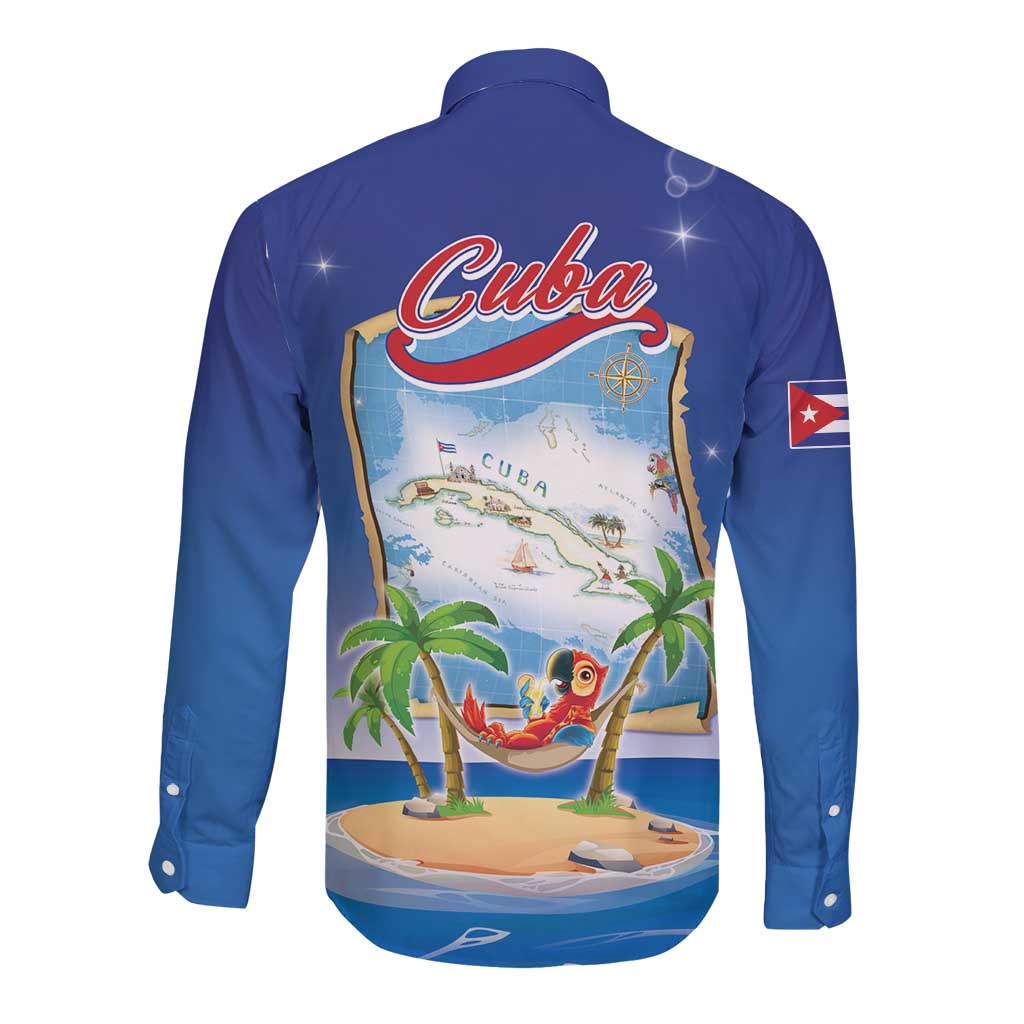 Cuba Long Sleeve Button Shirt Funny Macaw Decorative Map