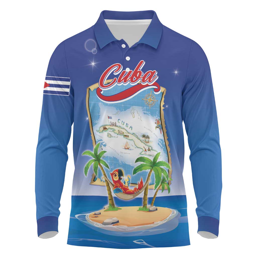 Cuba Long Sleeve Polo Shirt Funny Macaw Decorative Map