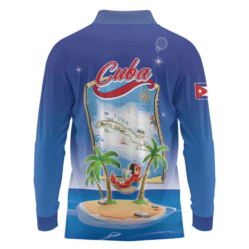 Cuba Long Sleeve Polo Shirt Funny Macaw Decorative Map