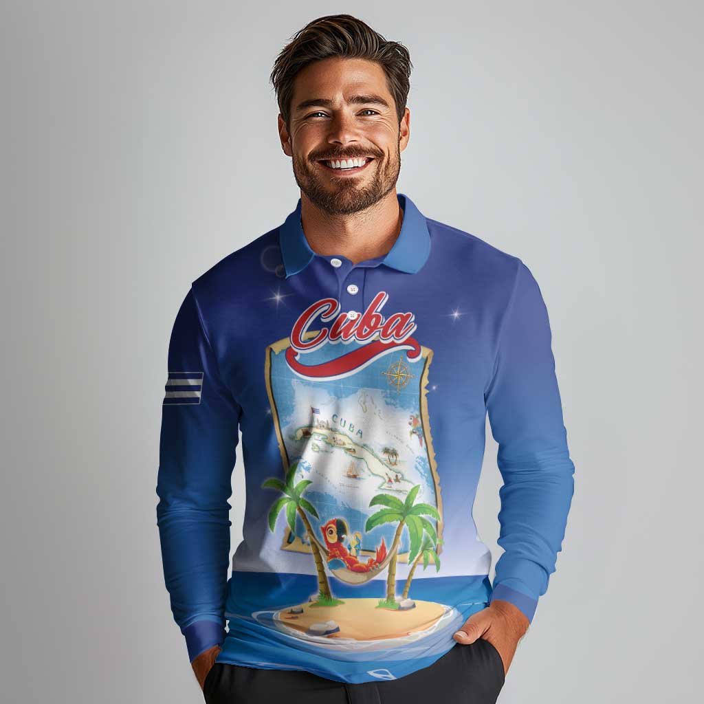 Cuba Long Sleeve Polo Shirt Funny Macaw Decorative Map