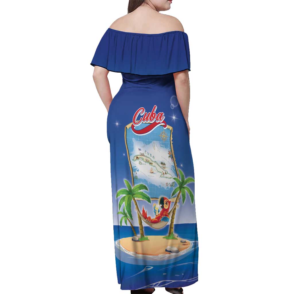 Cuba Off Shoulder Maxi Dress Funny Macaw Decorative Map