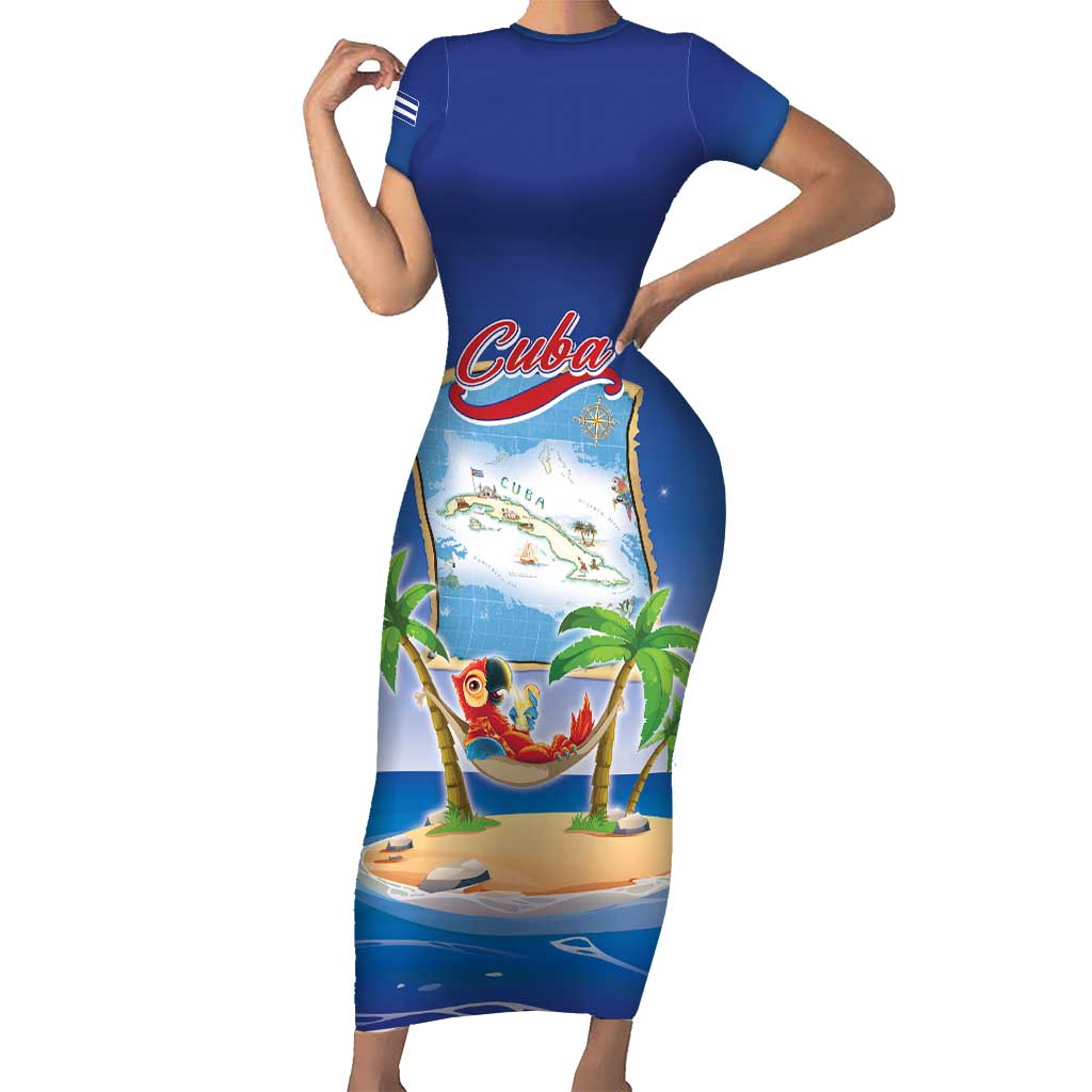 Cuba Short Sleeve Bodycon Dress Funny Macaw Decorative Map