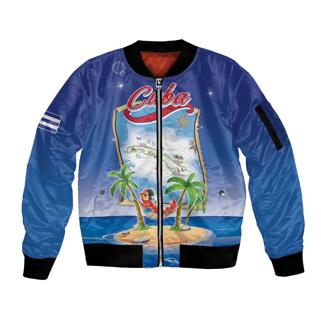 Cuba Sleeve Zip Bomber Jacket Funny Macaw Decorative Map