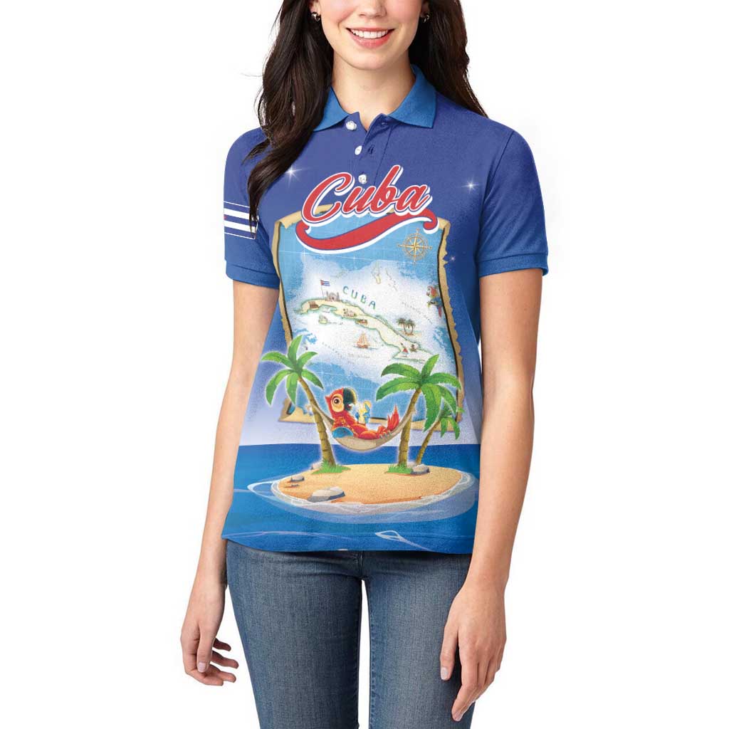 Cuba Women Polo Shirt Funny Macaw Decorative Map