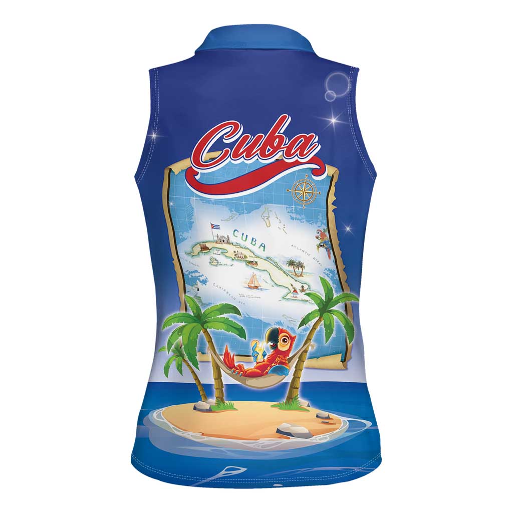 Cuba Women Sleeveless Polo Shirt Funny Macaw Decorative Map