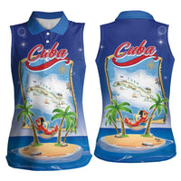 Cuba Women Sleeveless Polo Shirt Funny Macaw Decorative Map