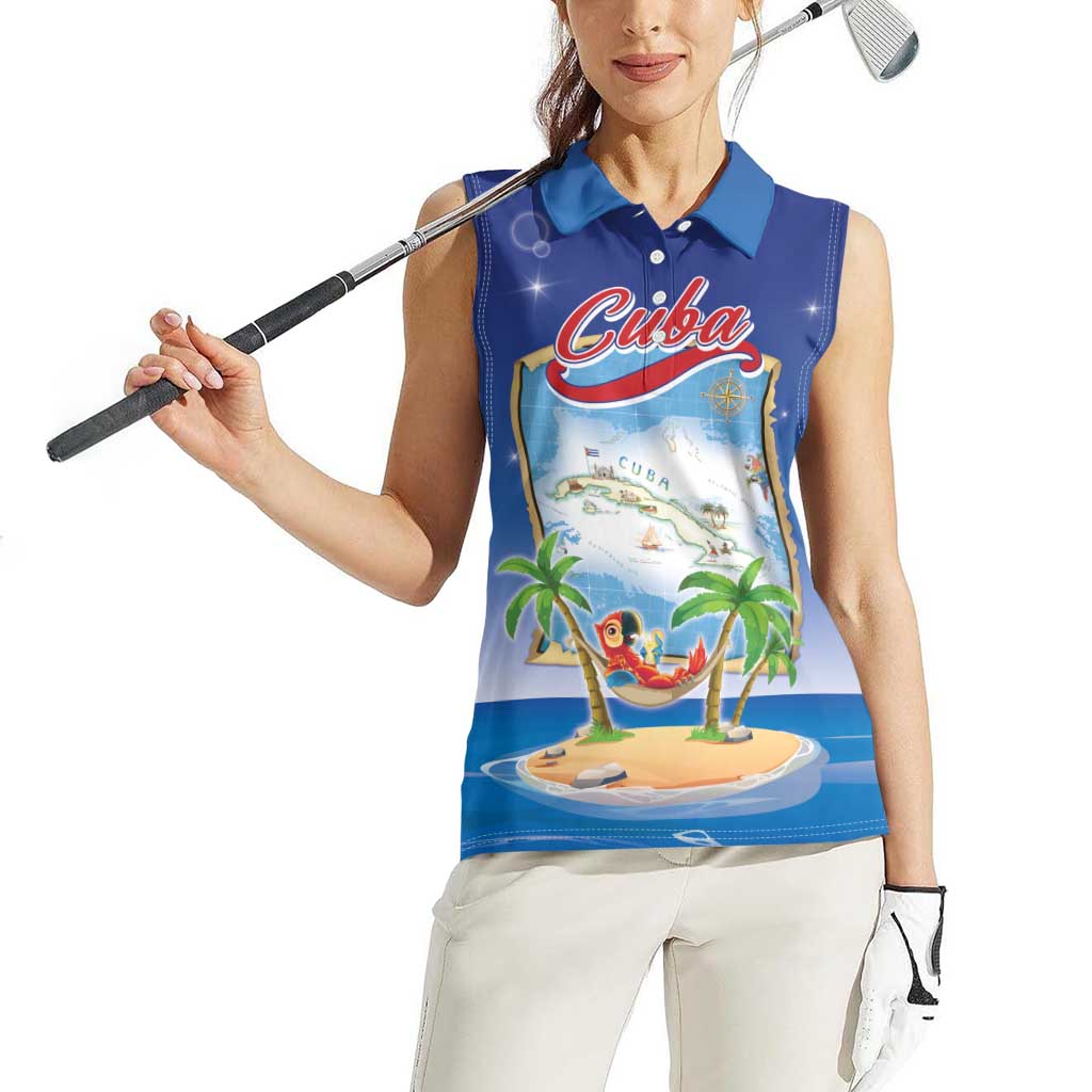 Cuba Women Sleeveless Polo Shirt Funny Macaw Decorative Map