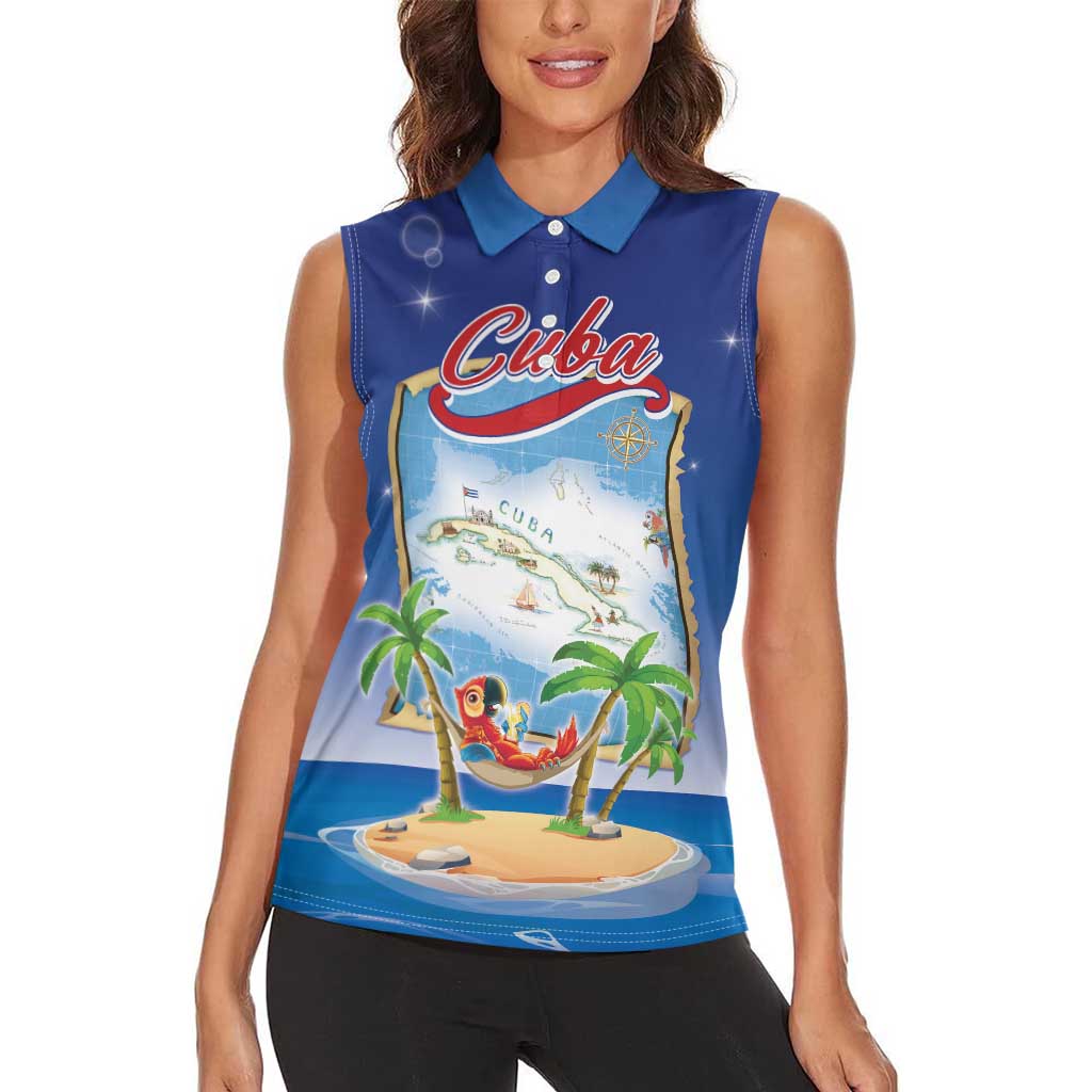 Cuba Women Sleeveless Polo Shirt Funny Macaw Decorative Map