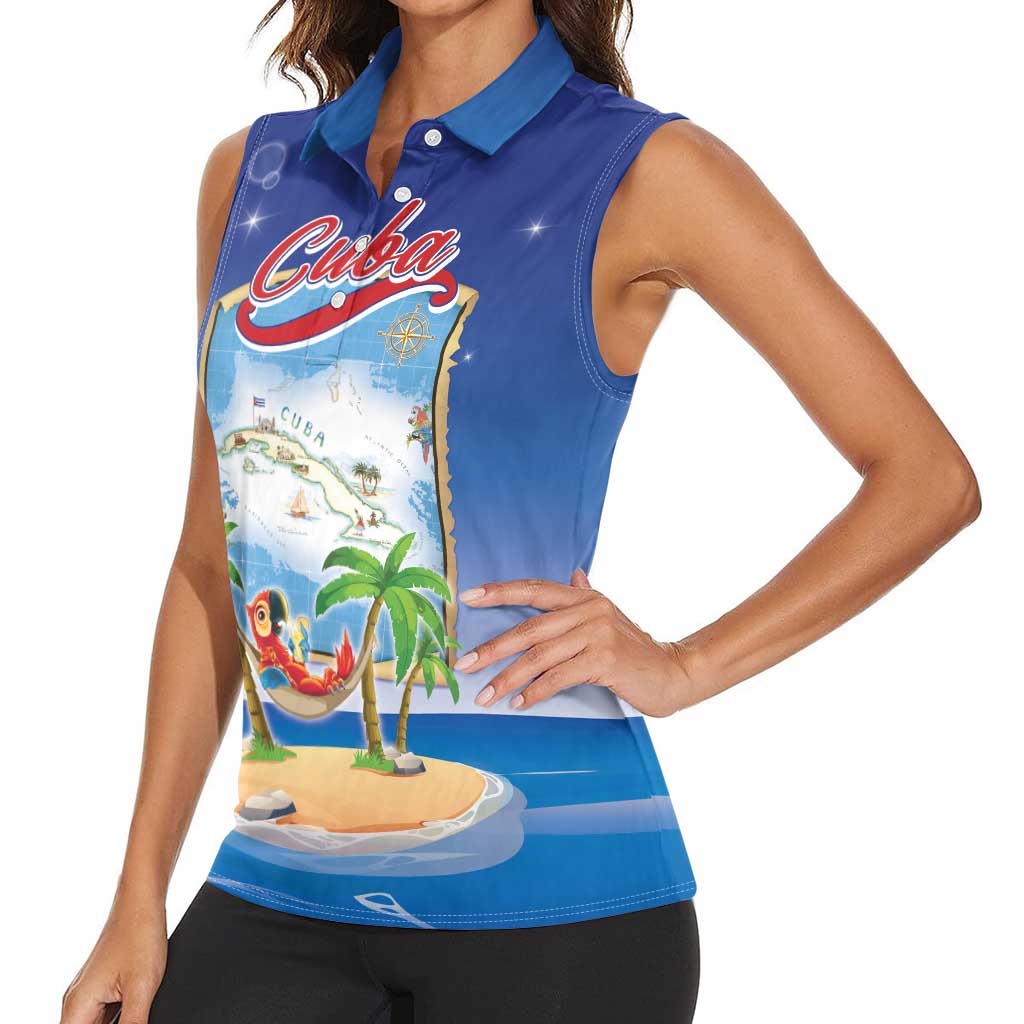 Cuba Women Sleeveless Polo Shirt Funny Macaw Decorative Map