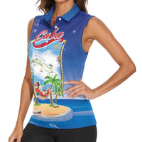 Cuba Women Sleeveless Polo Shirt Funny Macaw Decorative Map