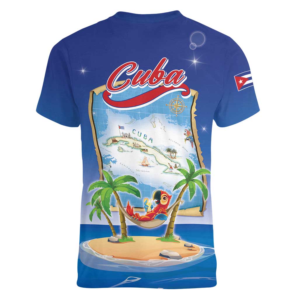 Cuba Women V-Neck T-Shirt Funny Macaw Decorative Map