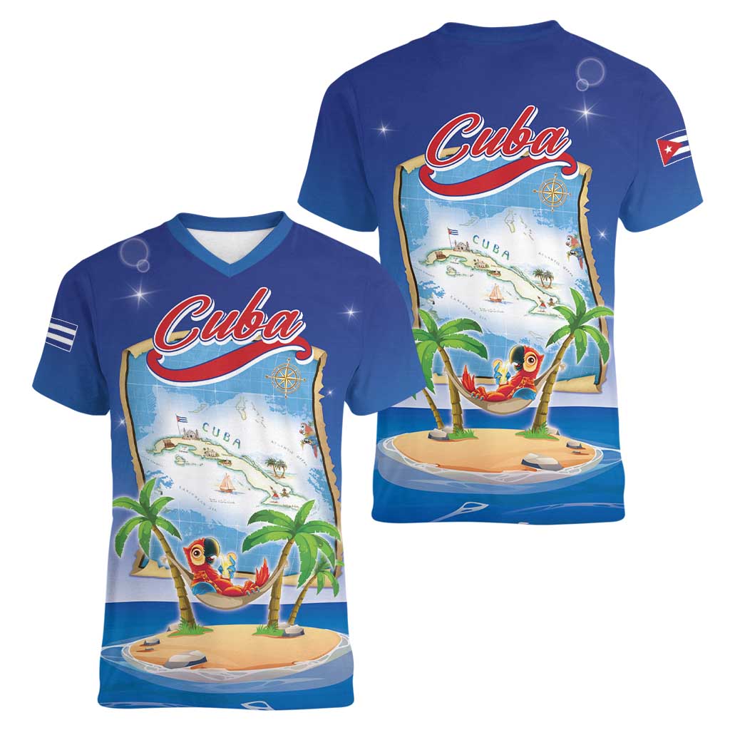 Cuba Women V-Neck T-Shirt Funny Macaw Decorative Map