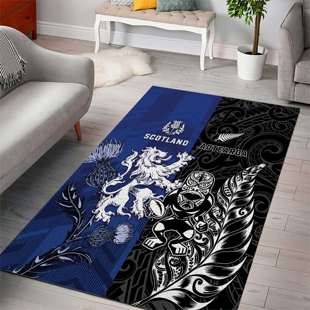 New Zealand And Scotland Rugby Area Rug Maori Tiki With Thistle Together
